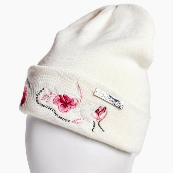 BEBE Women's Beanie Hat Ivory Sequin Embroidered - Picture 1 of 4